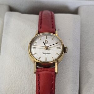 Omega Ladymatic Gold Watch with Red Leather Band